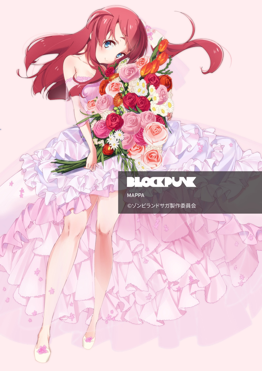 absurdres blue_eyes bouquet dress female flower fukagawa_kazumi highres long_hair minamoto_sakura photoshop_(medium) red_hair ribbon solo wedding_dress zombie_land_saga