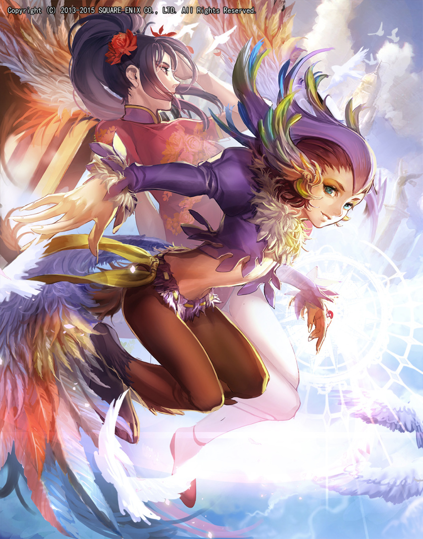 1boy bird breasts china_dress chinese_clothes closed_mouth commentary_request dress emperors_saga feet female highres liduke long_hair looking_at_viewer mei_ling_(saga) monster_boy official_art open_mouth photoshop_(medium) riki_(saga) saga saga_frontier smile square_enix tail