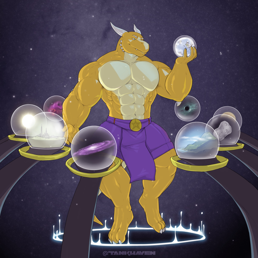 1:1 anthro clothed clothing dragon galaxy hi_res horn intergalactic_macro macro male muscular muscular_anthro muscular_male mythological_creature mythological_scalie mythology portal scalie solo space tail tankh terra_macro tight_clothing topless