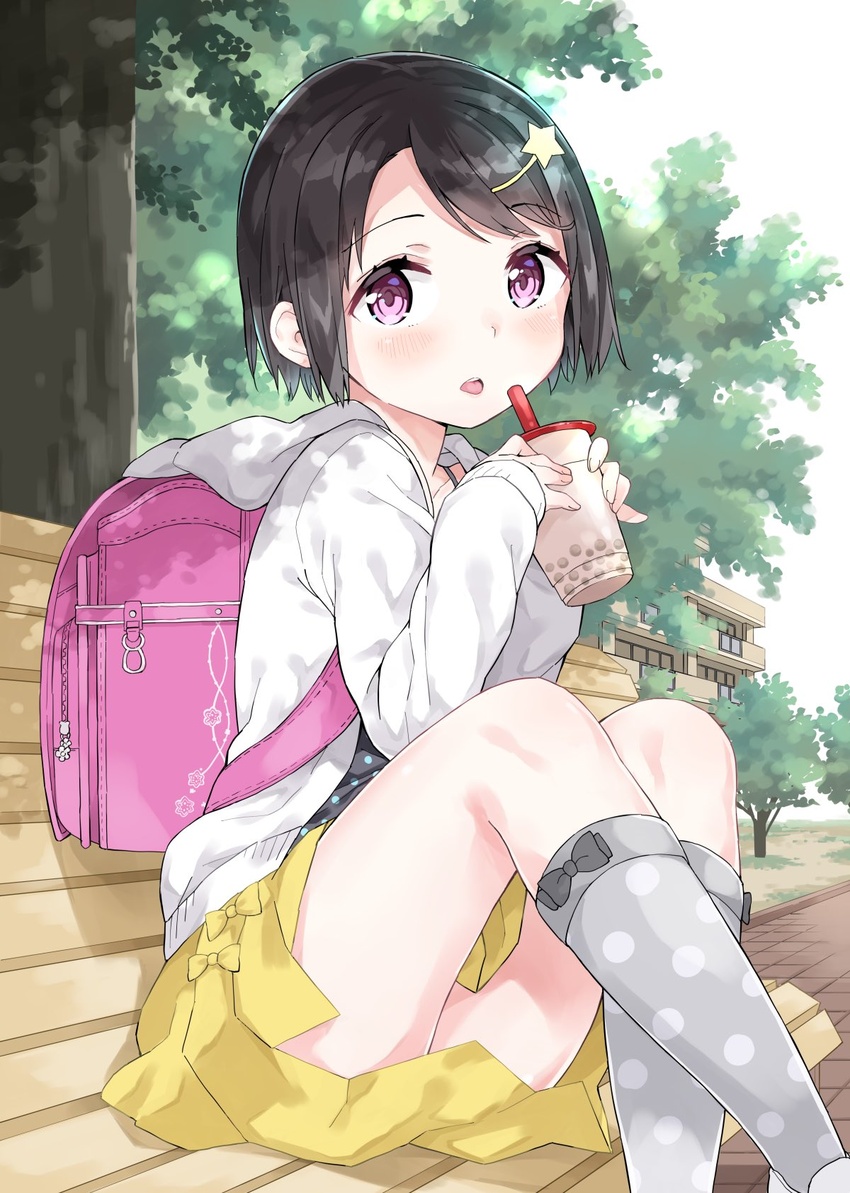 backpack bad_id bad_twitter_id bag bench blush bow clothes_between_thighs collarbone commentary_request female grey_bow gyuunyuu_nomio hair_ornament highres hood hoodie jacket joshi_shougakusei_hajimemashita kneehighs long_sleeves looking_at_viewer outdoors pink_bag pink_eyes randoseru short_hair sitting skirt socks solo star_(symbol) teabag tongue tongue_out tree white_jacket yellow_bow yellow_skirt yumekawa_ruru