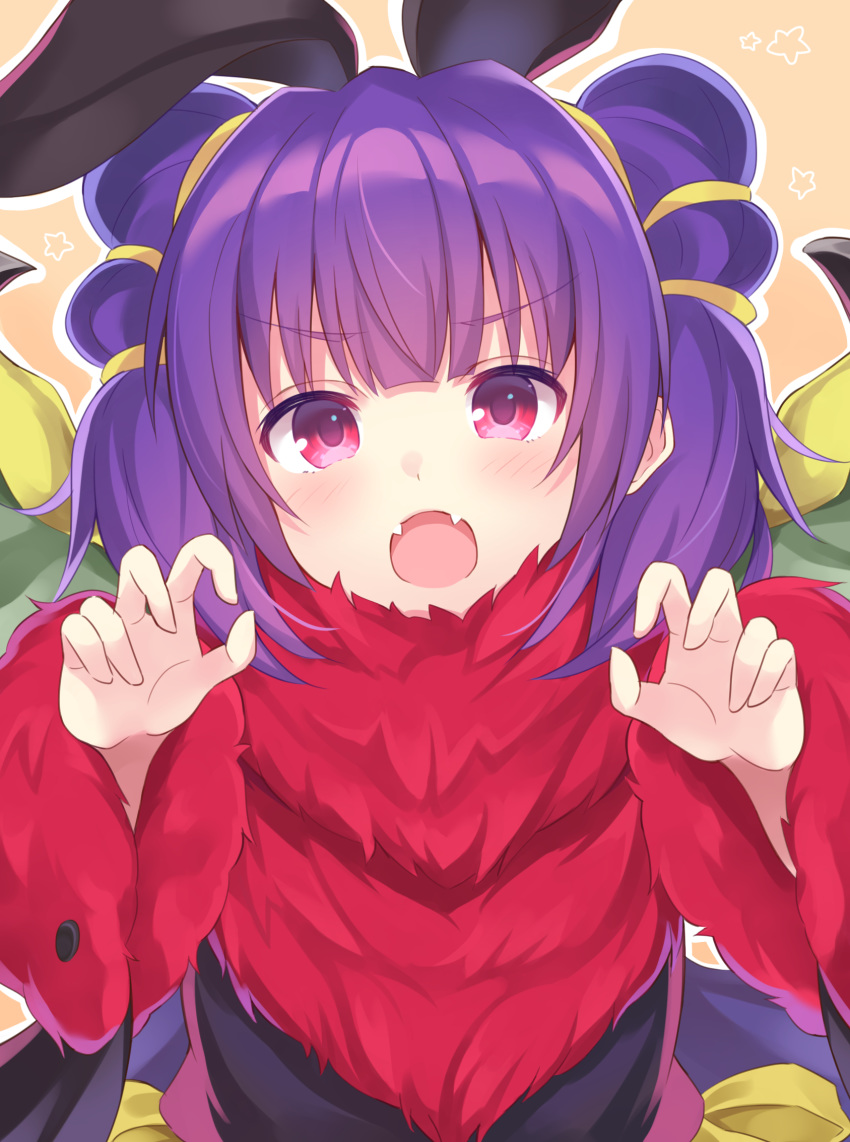 blush commentary_request dragon_girl dragon_wings female fire_emblem fire_emblem:_the_sacred_stones fire_emblem_heroes halloween highres long_hair looking_at_viewer multi-tied_hair myrrh_(fire_emblem) myrrh_(halloween)_(fire_emblem) open_mouth purple_hair red_eyes shiyo_yoyoyo solo twintails wings