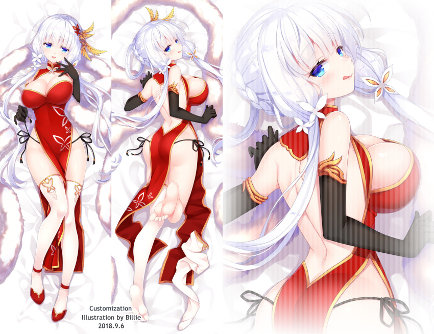 :q alternate_costume armlet ass azur_lane back bare_shoulders barefoot billie_(meng_gong_fang) black_gloves black_panties blue_eyes blush braid breasts china_dress chinese_clothes cleavage commentary_request crown_braid dakimakura_(medium) dated dress elbow_gloves feather_boa female from_above full_body gloves gold_trim hair_ornament hand_up high_heels highleg highleg_dress highres illustrious_(azur_lane) large_breasts long_hair looking_at_viewer looking_back lying mole mole_under_eye multiple_views on_back on_stomach panties panty_tug pelvic_curtain pumps red_dress red_footwear shoes shoulder_blades side-tie_panties sidelocks single_thighhigh smile thighhighs tongue tongue_out underwear white_hair white_thighhighs