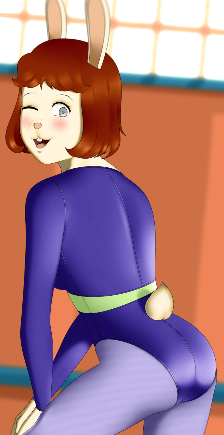 2019 anthro arthur_(series) ass bangs biped blind blush bob_cut breasts brown_hair buffbumblebee clothed clothing digital_drawing_(artwork) digital_media_(artwork) disability eyebrows eyelashes female fingers fur gymnast gymnastics hair hi_res lagomorph legwear leotard leporid long_sleeves looking_at_viewer mammal marina_datillo open_mouth rabbit scut_tail short_hair short_tail smile solo standing tail tight_clothing tongue white_body white_fur