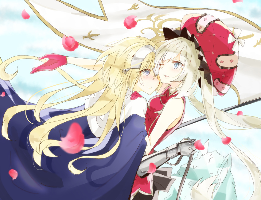 2girls 66ta1yak1 bare_shoulders black_skirt blonde_hair blue_cape blue_eyes blush cape commentary crystal fate/apocrypha fate/grand_order fate_(series) flag frown gauntlets gloves hand_on_another's_shoulder headpiece highres holding holding_flag horse jeanne_d'arc_(fate) jeanne_d'arc_(ruler)_(fate) large_hat long_hair looking_at_another marie_antoinette_(fate) multiple_girls one_eye_closed open_mouth petals red_gloves red_headwear red_shirt shirt skirt sleeveless smile sweat very_long_hair yuri