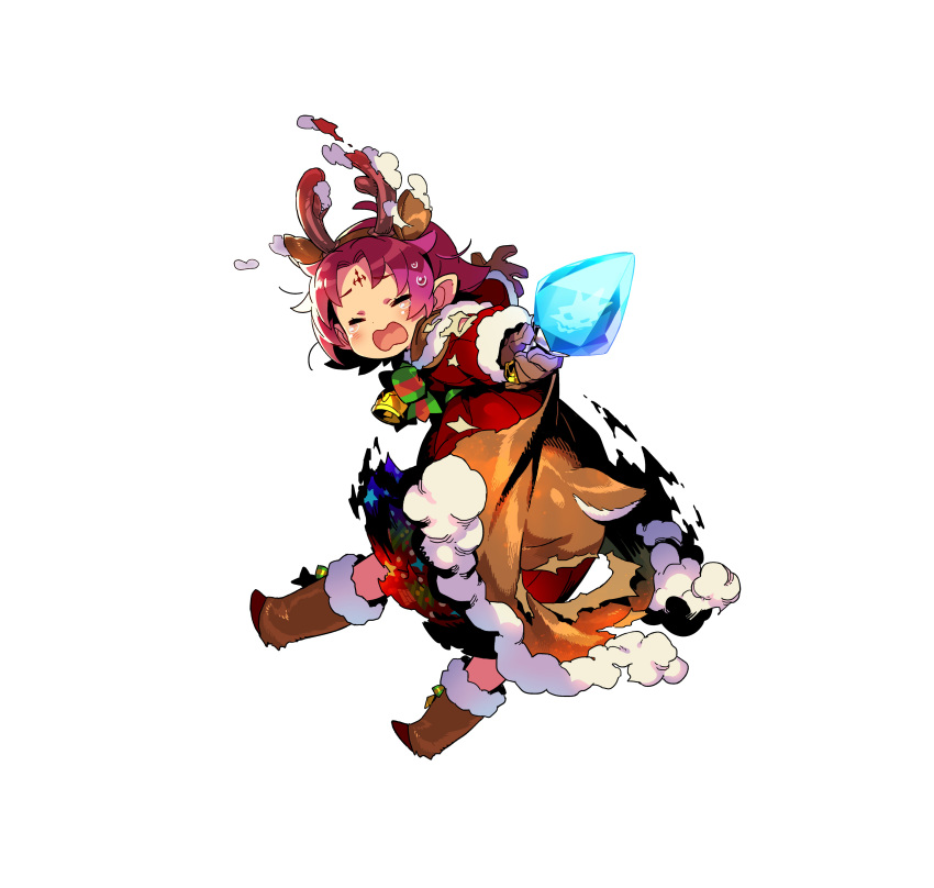 absurdres antlers bell boots bow brown_gloves cape closed_eyes dress facial_mark fae_(fire_emblem) fae_(winter)_(fire_emblem) female fire_emblem fire_emblem:_the_binding_blade fire_emblem_heroes forehead_mark full_body fur_trim gloves grey_background highres himukai_yuuji horns long_sleeves official_art open_mouth outstretched_arm photoshop_(medium) pointy_ears purple_hair reindeer_antlers short_hair simple_background solo tears torn_clothes white_background