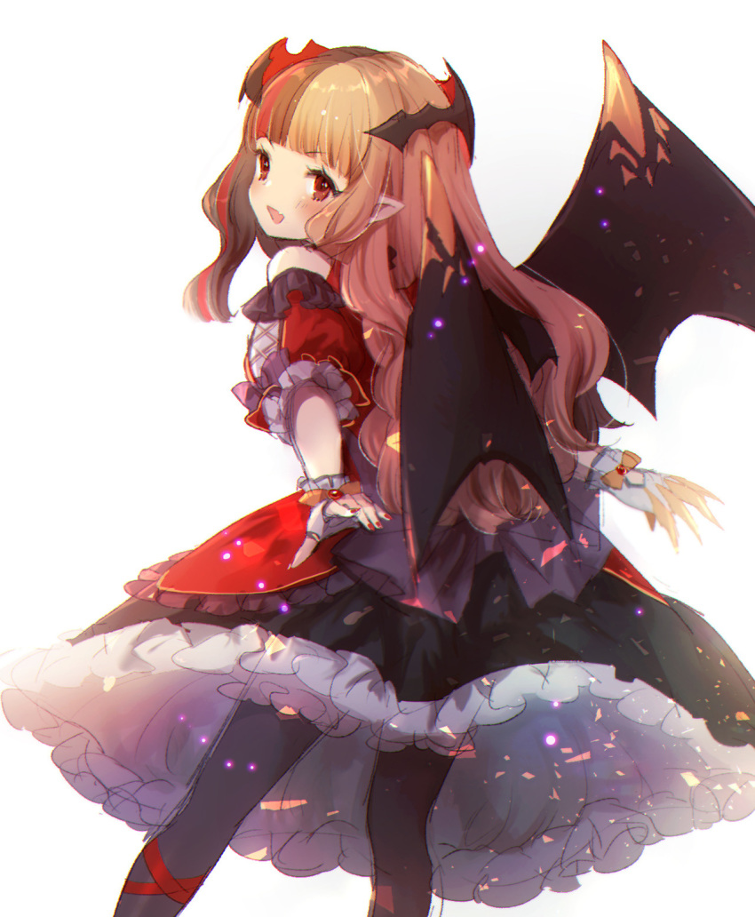 :d bangs bat_wings black_legwear black_skirt black_wings blunt_bangs blush brown_hair character_request chromatic_aberration commentary_request cryptract detached_sleeves eyebrows_visible_through_hair female fingerless_gloves fingernails frilled_skirt frills gloves highres kikka_(kicca_choco) long_hair looking_at_viewer looking_back multicolored_hair nail_polish oerba_yun_fang open_mouth pantyhose puffy_short_sleeves puffy_sleeves red_eyes red_hair red_nails red_shirt red_sleeves shirt short_sleeves simple_background skirt sleeveless sleeveless_shirt smile solo streaked_hair two-tone_hair very_long_hair white_background white_gloves wings