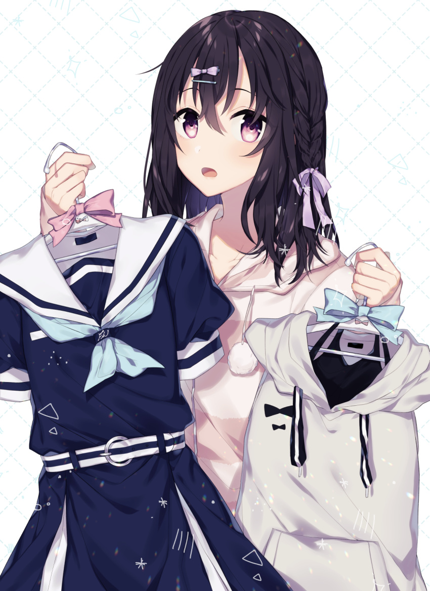 black_hair blue_dress blush bow braid clothes_hanger collarbone drawstring dress female fujiwara_hajime grey_hoodie hair_between_eyes hair_ornament hairbow hairclip hands_up highres holding holding_clothes holding_clothes_hanger hood hood_down hooded_jacket hoodie idolmaster idolmaster_cinderella_girls jacket long_hair looking_at_viewer md5_mismatch minamiya_mia open_mouth purple_bow red_eyes resolution_mismatch sailor_collar sailor_dress sleeveless sleeveless_hoodie solo source_larger striped_clothes striped_jacket white_background white_sailor_collar