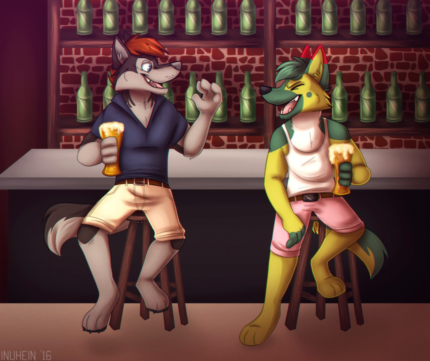 2016 3_toes 4_fingers alcohol anthro bar barefoot beer belt beverage biped black_body black_claws black_eyebrows black_fur black_nose black_tail blue_clothing blue_eyes blue_shirt blue_topwear bottle bottomwear canid canine canis claws clothed clothing container detailed_background dewshep digital_media_(artwork) domestic_dog duo eyebrows fangs feet fingerless_(marking) fingers front_view fur furniture german_shepherd glass green_body green_fur green_hair green_tail grey_body grey_fur grey_tail hair herding_dog holding_glass holding_object inner_ear_fluff inside inuhein laugh male mammal multicolored_body multicolored_fur multicolored_tail open_mouth pastoral_dog pink_bottomwear pink_clothing pink_nose pink_shorts red_body red_fur shirt short_hair shorts sitting smile stool storm_(stormwx_wolf) tail tank_top teeth toe_claws toes topwear tuft two_tone_body two_tone_fur two_tone_tail white_body white_clothing white_fur white_shirt white_topwear wolf yellow_body yellow_fur yellow_tail