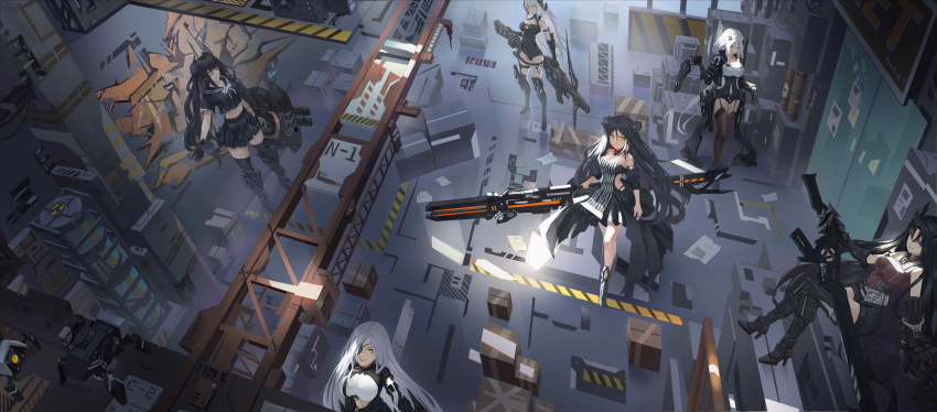 6+girls absurdres alchemist_(girls'_frontline) armored_boots black_dress black_hair black_leotard black_serafuku black_skirt boots box cardboard_box chinese_commentary closed_eyes clothing_cutout commentary crate dinergate_(girls'_frontline) dreamer_(girls'_frontline) dress elbow_gloves executioner_(girls'_frontline) eyepatch gager_(girls'_frontline) garter_straps gauntlets girls'_frontline gloves gun hair_ornament hairclip handgun hazard_stripes high_heels highres hunter_(girls'_frontline) knee_boots leggings leotard long_hair md5_mismatch midriff midriff_peek multiple_girls navel_cutout non-humanoid_robot orange_eyes ouroboros_(girls'_frontline) radiation_symbol robot sangvis_ferri scaffolding school_uniform serafuku skirt smile weapon white_hair wjn-rance yellow_eyes