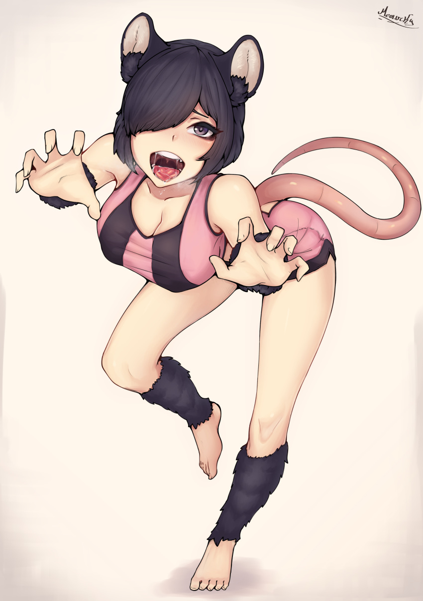 :d absurdres animal_ear_fluff animal_ears artist_name bare_arms bare_legs bare_shoulders barefoot black_eyes black_fur black_hair breasts claw_pose clothing_cutout collarbone commentary commission dellu_(geenymous) dolphin_shorts english_commentary female foreshortening full_body gradient_background hair_over_one_eye highres large_mouse_(monster_girl_encyclopedia) leaning_forward looking_at_viewer medium_breasts meolucky147 monster_girl monster_girl_encyclopedia mouse_ears mouse_girl mouse_tail oerba_yun_fang open_mouth original saliva short_hair short_shorts shorts signature simple_background smile solo tail tail_through_clothes tank_top teeth toes tongue upper_teeth_only white_background