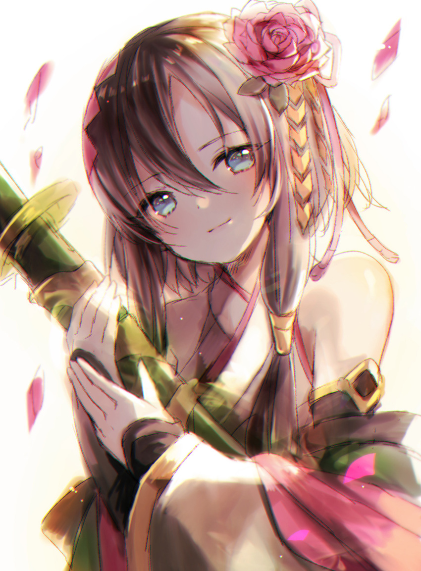 bad_id bad_tumblr_id bare_shoulders blue_eyes brown_hair closed_mouth commentary_request cryptract detached_sleeves female flower hair_between_eyes hair_flower hair_ornament hair_ribbon head_tilt highres holding holding_sheath japanese_clothes katana kikka_(kicca_choco) kimono long_hair long_sleeves petals pink_flower pink_ribbon pink_rose ribbon rose sheath sheathed simple_background sleeveless sleeveless_kimono sleeves_past_wrists smile solo suzushiro_(cryptract) sword upper_body weapon white_background white_kimono white_sleeves wide_sleeves