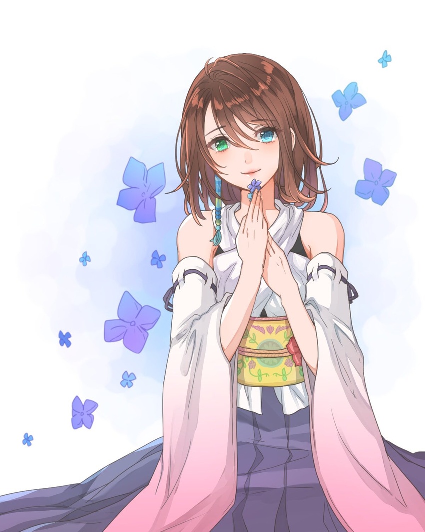 bad_id bad_twitter_id bare_shoulders blue_eyes closed_mouth detached_sleeves eyes_visible_through_hair female final_fantasy final_fantasy_x flower green_eyes hair_between_eyes hakama hakama_short_skirt hakama_skirt hands_up heterochromia highres japanese_clothes looking_at_viewer obi purple_skirt ribbon-trimmed_sleeves ribbon_trim sash short_hair skirt smile solo toufu_(toufu_53) yuna_(ff10)