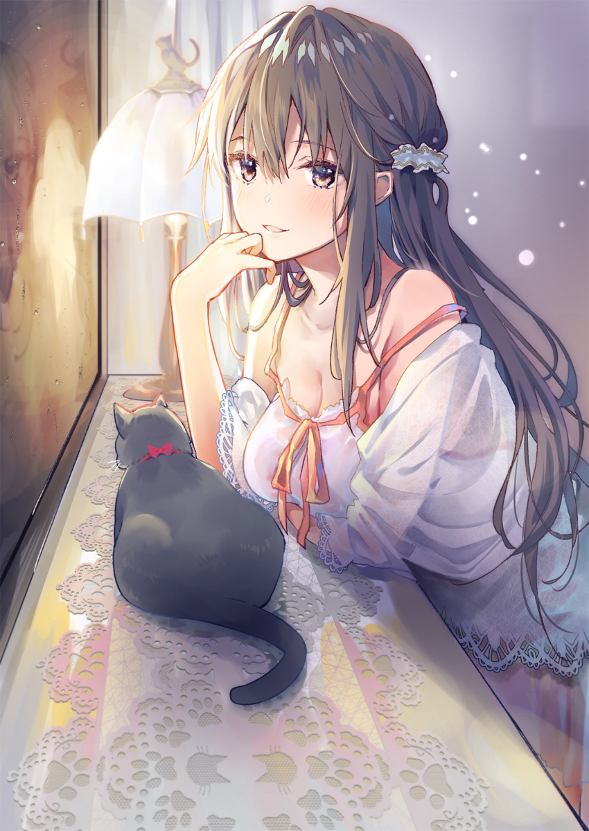 bare_shoulders black_hair blush breasts brown_eyes cleavage cocoa_(cafe-hotcocoa) commentary_request feline female hair_between_eyes highres indoors leaning_on_object long_hair looking_at_viewer medium_breasts off_shoulder open_mouth original reflection solo spaghetti_strap strap_slip upper_body window