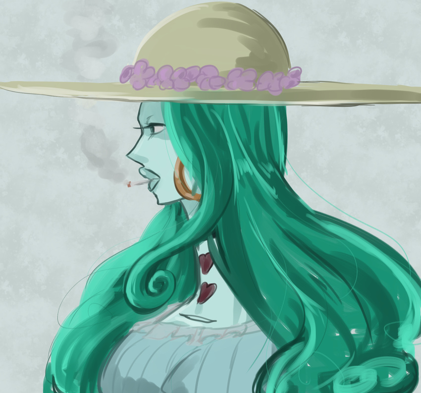 aqua_hair bad_id bad_pixiv_id charlotte_amande cigarette curly_hair earrings female flower hasumi_(fujimaru) hat heart highres jewelry long_hair one_piece portrait smoke solo