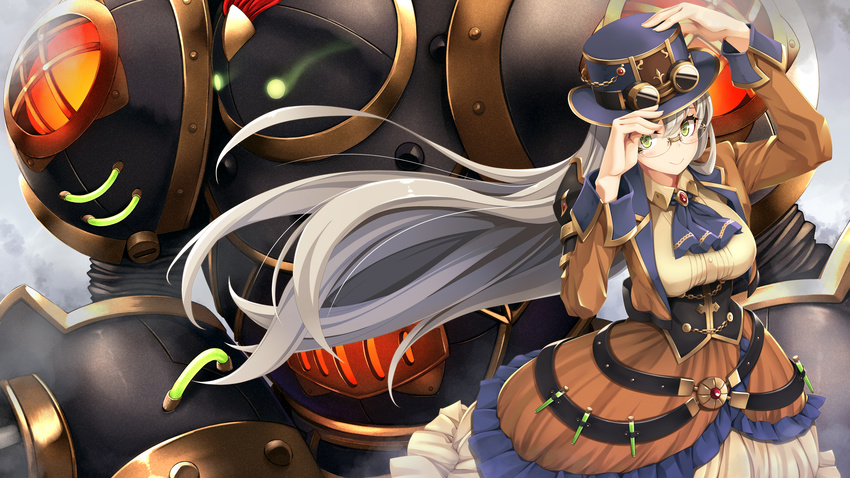 arm_up breasts brown_skirt commentary_request female frilled_skirt frills glasses goggles goggles_on_headwear green_eyes grey_hair hat highres large_breasts long_hair mecha ogami_kazuki robot sennen_sensou_aigis skirt smile standing test_tube very_long_hair vial wendy_(sennen_sensou_aigis)