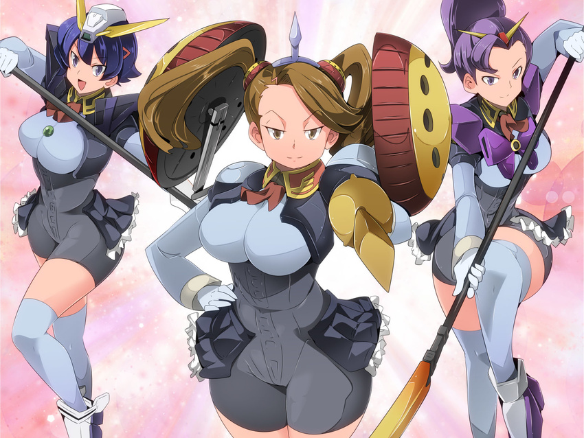 3girls breasts brown_hair commentary_request gundam gundam_build_fighters gundam_build_fighters_try highres horse_tail hyper_gyanko large_breasts multiple_girls name_john purple_hair sano_keiko_(gundam_bf) sazaki_kaoruko shigure_mahiru short_hair standing tail twintails