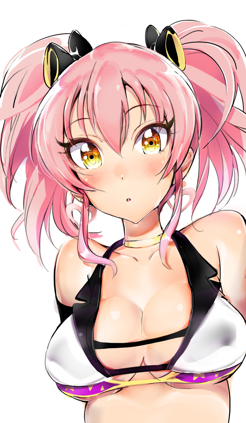 breasts cleavage coda_(simon1995) collarbone commentary_request crop_top female highres idolmaster idolmaster_cinderella_girls jougasaki_mika large_breasts pink_hair short_twintails simple_background solo twintails underboob upper_body white_background yellow_eyes