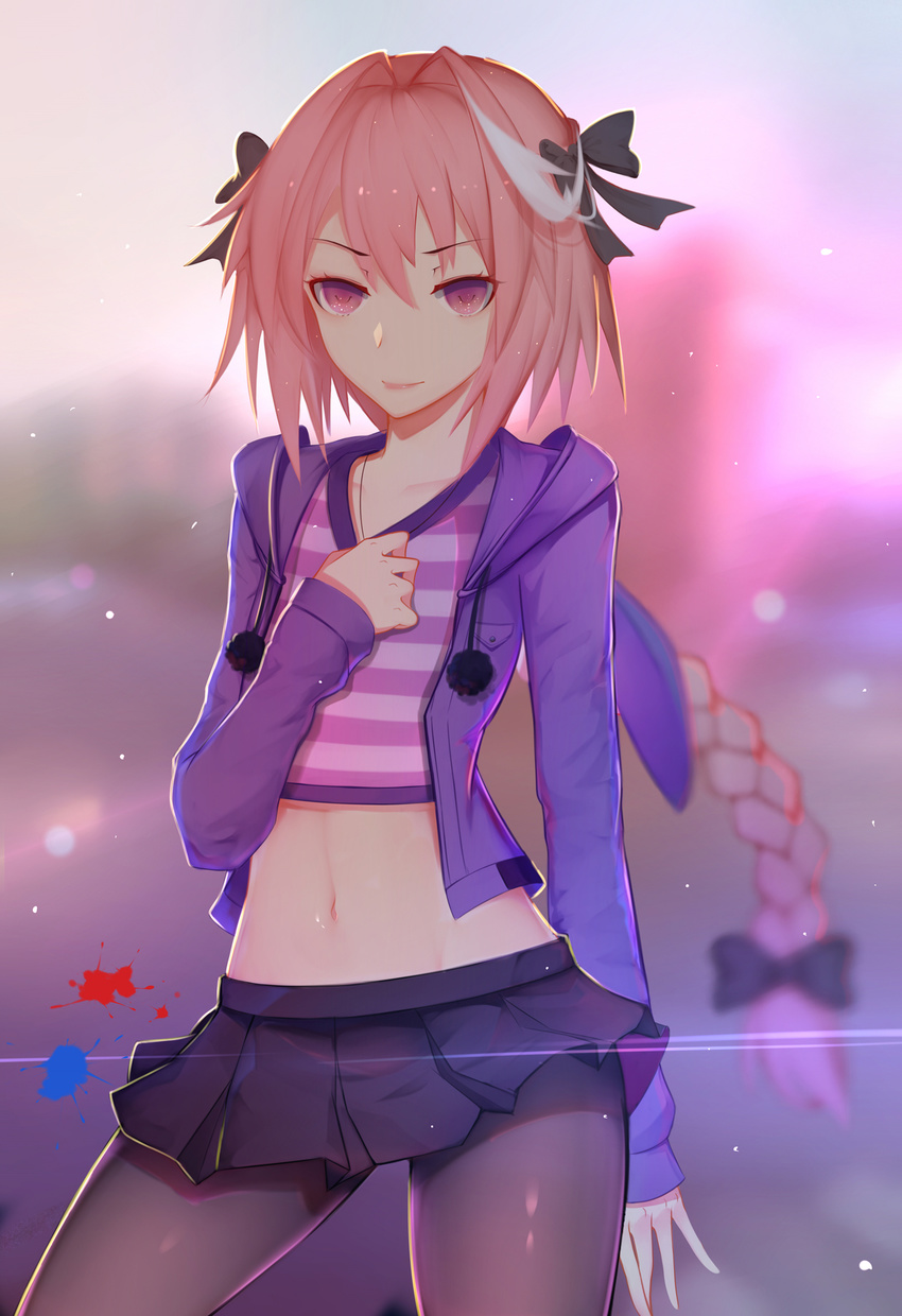 1boy astolfo_(fate) astolfo_(memories_at_trifas)_(fate) black_bow black_pantyhose black_skirt bow braid closed_mouth commentary_request contrapposto cowboy_shot crop_top fate/apocrypha fate/grand_order fate_(series) hair_intakes hand_on_own_chest highres hood hooded_jacket jacket kugutsu_(961598140) long_hair looking_at_viewer male_focus midriff miniskirt multicolored_hair navel official_alternate_costume open_clothes open_jacket otoko_no_ko paint_splatter pantyhose pink_hair pink_lips pleated_skirt purple_eyes shirt single_braid skirt standing streaked_hair striped_clothes striped_shirt very_long_hair