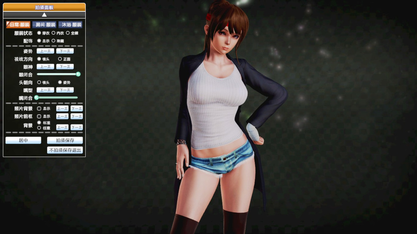 3d alternate_costume boots breakers breasts brown_eyes brown_hair female female gradient gradient_background hand_on_hip headband honey_select jacket kneehighs large_breasts lips looking_at_viewer loose_socks open_mouth ponytail pose shorts solo thick_thighs thighs tia_langray wrist_wraps