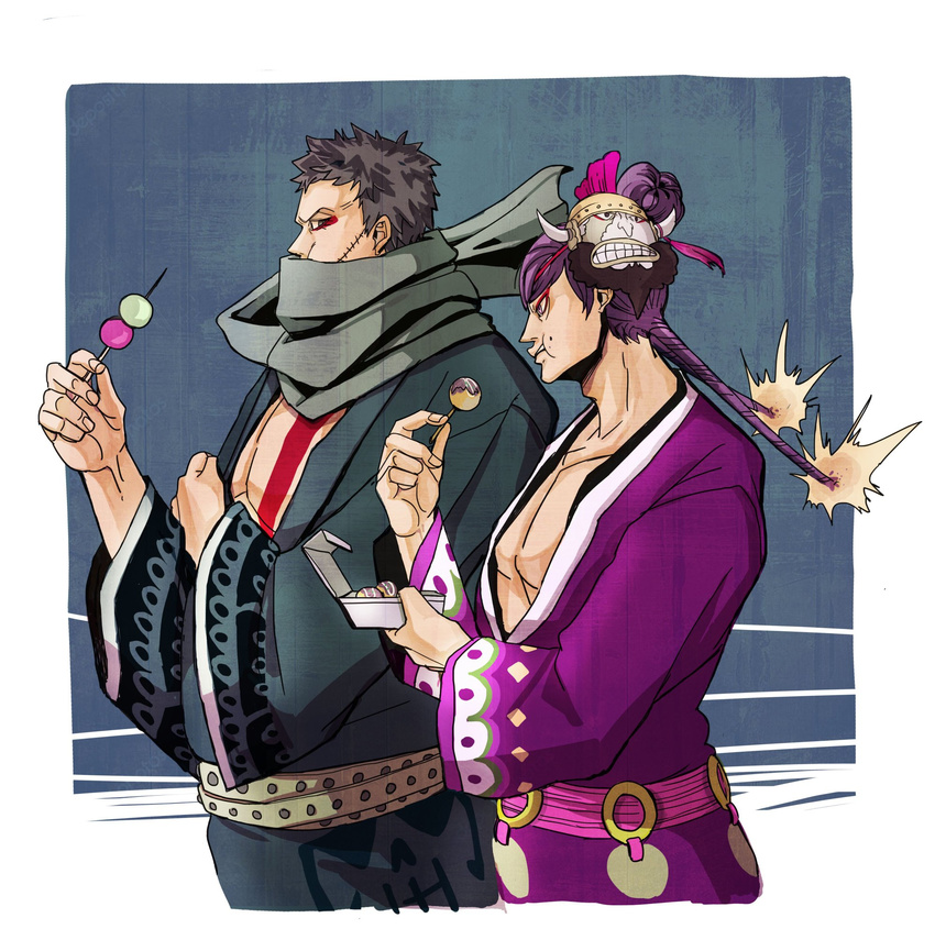 2boys alternate_costume bare_pectorals black_eyes black_hair brothers charlotte_cracker charlotte_katakuri collarbone commentary covered_mouth dango food from_side hair_bun hand_on_own_arm hands_up highres holding japanese_clothes kimono living_(pixiv5031111) long_hair long_sleeves looking_at_another male_focus mask mask_on_head multiple_boys one_piece pectorals purple_eyes purple_hair scar scarf scarf_over_mouth short_hair siblings single_hair_bun standing stitches takoyaki twintails upper_body very_short_hair wagashi wide_sleeves