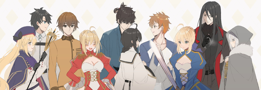 1other 4girls 5boys absurdres ahoge artoria_caster_(fate) artoria_caster_(second_ascension)_(fate) artoria_pendragon_(fate) birdcage blonde_hair blue_capelet blue_dress blue_headwear blue_kimono breasts brown_jacket cage cape capelet chaldea_uniform cleavage closed_eyes commentary_request dress emiya_shirou excalibur_(fate/stay_night) fate/extra fate/grand_order fate/samurai_remnant fate/stay_night fate_(series) fujimaru_ritsuka_(male) gray_(fate) grey_cape hands_on_own_hips hat highres holding holding_cage holding_staff holding_sword holding_weapon homurahara_academy_school_uniform hood jacket japanese_clothes kimono kishinami_hakuno_(male) large_breasts long_hair lord_el-melloi_ii lord_el-melloi_ii_case_files miyamoto_iori_(fate) multiple_boys multiple_girls nero_claudius_(fate) nero_claudius_(fate/extra) orange_hair profile red_dress saber_(fate) school_uniform shibaebi_(yasaip_game) short_hair short_ponytail simple_background staff sweat sword trait_connection twintails uniform very_long_hair waver_velvet weapon white_background white_dress white_jacket wide_sleeves yamato_takeru_(fate)