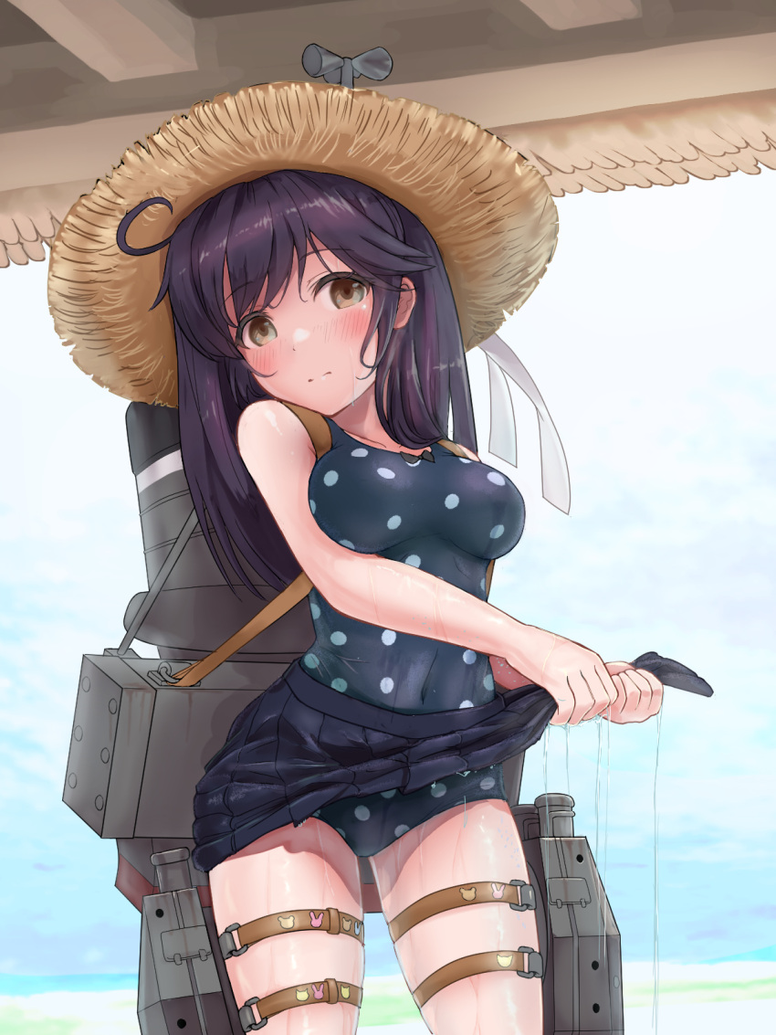 beach black_hair blue_one-piece_swimsuit blue_skirt blue_sky blurry blurry_background blush breasts brown_eyes casual_one-piece_swimsuit cloud cloudy_sky commentary_request cowboy_shot day em_s female hat headgear highres kantai_collection large_breasts long_hair official_alternate_costume one-piece_swimsuit outdoors polka_dot polka_dot_one-piece_swimsuit polka_dot_swimsuit rigging sand skirt sky solo straw_hat swimsuit thigh_strap ushio_(kancolle) ushio_(swimsuit_mode)_(kancolle) wet wet_clothes wet_skirt