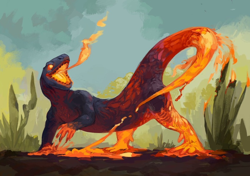 ambiguous_gender babanasaur breath_powers elemental_creature elemental_manipulation feral fire fire_breathing fire_manipulation lava lava_creature mineral_fauna mythological_creature mythological_salamander mythological_scalie mythology open_mouth plant quadruped scalie solo tail tongue