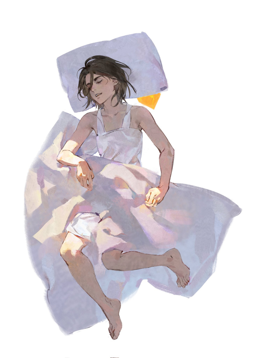 alternate_hairstyle armband brown_eyes brown_hair closed_eyes female full_body gabi_braun gewehr_88 highres lolicon looking_at_viewer luguoadeli_(maple12031) marley_military_uniform pillow shingeki_no_kyojin short_hair sleeping solo sunlight thick_eyebrows under_covers underwear