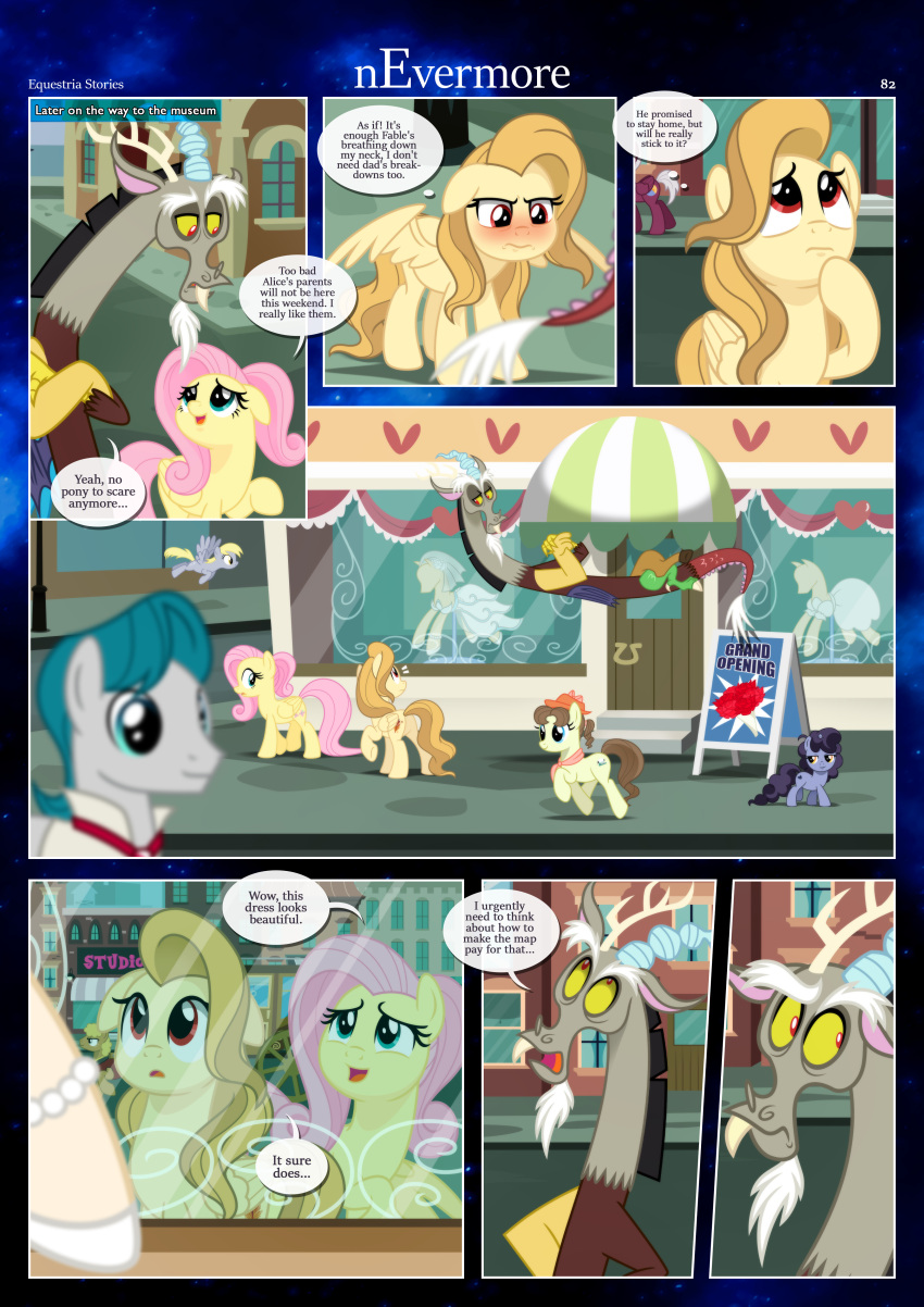 absurd_res alice_goldenfeather_(estories) anthro ass black_border blushing_profusely border brush brushing building city clothing cutie_mark derpy_hooves dialogue discord_(mlp) earth_pony english_text equid equine estories fan_character female feral fluttershy_(mlp) flying folded_wings friendship_is_magic frown group hasbro hat headgear headwear heart_symbol hi_res horn horse internal_dialogue looking_up male mammal mannequin my_little_pony mythological_creature mythological_equine mythology narrowed_eyes on_display outside pegasus pony sign spread_wings text thinking unicorn wings