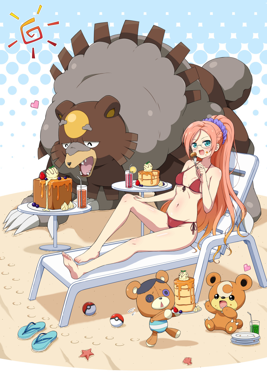 :d ^_^ absurdres animal_ears barefoot beach beach_chair bear bear_ears bear_tail bikini blue_background blue_eyes blueberry blush body_blush breasts butler button_eyes buttons cake chair claws cleavage closed_eyes collarbone commission crescent crescent_facial_mark crossover drinking_straw eating eggman_(pixiv28975023) facial_mark fangs female food food_on_face footprints fork front-tie_bikini_top front-tie_top fruit glasses groin hair_ornament hair_scrunchie heart high_ponytail highres holding holding_fork holding_plate honey honey_toast ice_cream kumapooh_(senran_kagura) lemon lemon_slice long_hair looking_at_viewer lounge_chair melting navel open_mouth orange_hair outdoors plate poke_ball poke_ball_(basic) pokemon pokemon_(creature) pokemon_gsc pokemon_legends:_arceus polka_dot polka_dot_background ponytail purple_scrunchie ranmaru_(senran_kagura) red_bikini sand sandals scrunchie seashell senran_kagura senran_kagura_new_wave shell shiny_skin side-tie_bikini_bottom sitting skeb_commission small_breasts smile soda solo starfish strawberry stuffed_animal stuffed_toy sun swimsuit table tail teddiursa teddy_bear two-tone_background underboob unworn_sandals ursaluna very_long_hair whipped_cream white_background