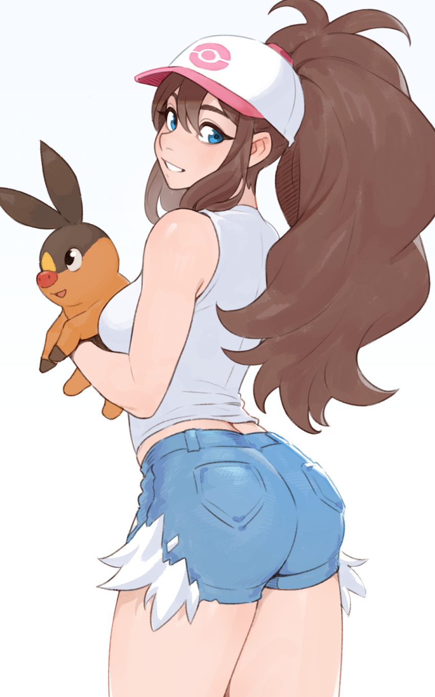 ass baseball_cap blue_eyes blue_shorts breasts brown_hair cheshirrr cowboy_shot denim denim_shorts female grin hair_through_headwear hat high_ponytail highres hilda_(pokemon) holding holding_pokemon long_hair medium_breasts poke_ball_print pokemon pokemon_(creature) pokemon_bw ponytail short_shorts shorts smile tank_top tepig thighs very_long_hair white_tank_top