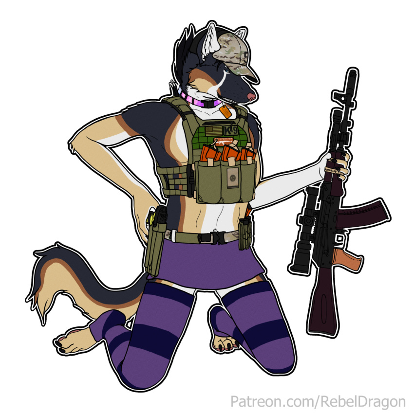 ak-74 ak_platform alpha_channel anthro assault_rifle battle_armor beretta bottomwear bulletproof_vest camo_headgear canid canine canis claws clothed clothing collar crossdressing domestic_dog feet femboy footwear german_shepherd gun handgun hat headgear headwear herding_dog hi_res legwear m9 male mammal miniskirt multicam operator pastoral_dog pattern_headgear paws pistol plate_carrier ranged_weapon rebeldragon101 rifle scope shirtless shirtless_male simple_background skirt sniper socks stockings tactical_gear tacticool transparent_background weapon