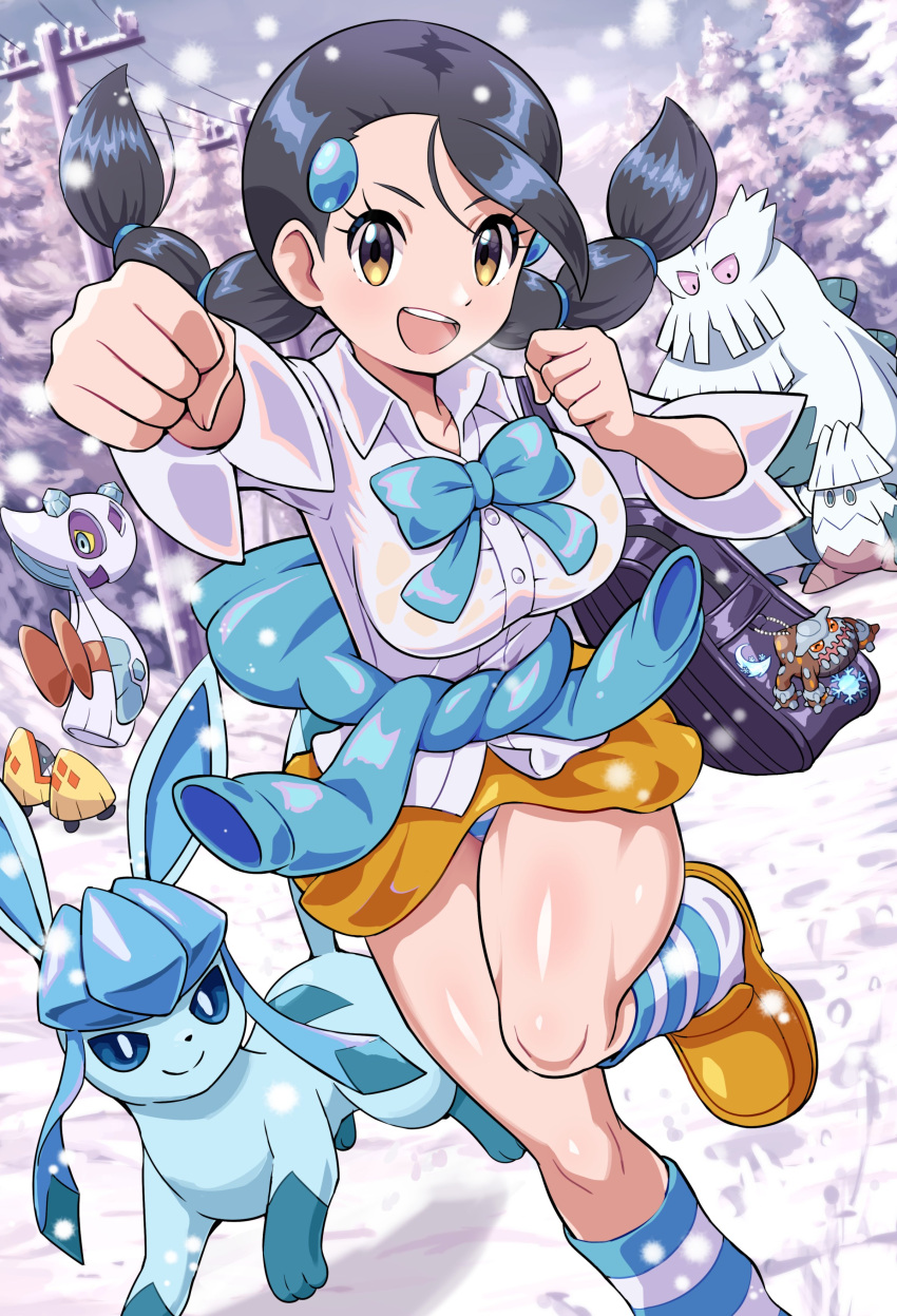 :d abomasnow absurdres alternate_breast_size bag black_hair bow breasts buttons candice_(pokemon) clenched_hands collared_shirt commentary_request day eyelashes female froslass glaceon hair_ornament hairclip heatran highres knees large_breasts leg_up long_hair looking_at_viewer multi-tied_hair open_mouth outdoors outstretched_arm panties pantyshot pokemoa pokemon pokemon_(creature) pokemon_dppt power_lines shiny_skin shirt shoes skirt smile snorunt snover snow snowing socks striped_clothes striped_panties striped_socks twintails underwear utility_pole white_shirt