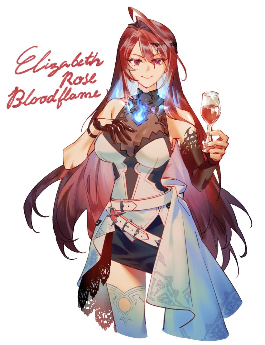 ahoge alcohol bare_shoulders black_skirt blue_fire breasts cup dress drink drinking_glass elizabeth_rose_bloodflame female fire hair_ornament highres holding holding_drink hololive hololive_english huge_ahoge long_hair looking_at_viewer lynnear red_eyes red_hair red_wine skirt smile solo thighhighs very_long_hair virtual_youtuber white_dress wine wine_glass