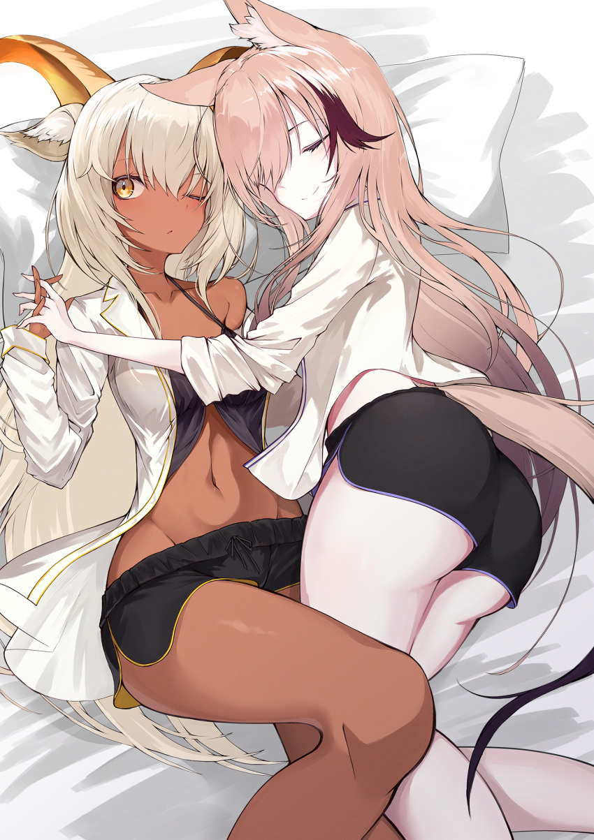 2girls animal_ear_fluff animal_ears arknights armpit_crease ass bare_shoulders beeswax_(arknights) black_shorts blush brown_hair brown_tail cardigan_(arknights) closed_eyes closed_mouth collarbone commentary_request commission dark-skinned_female dark_skin dolphin_shorts feet_out_of_frame fox_ears fox_girl fox_tail goat_ears goat_girl goat_horns grey_hair groin hair_between_eyes hair_over_one_eye head_on_pillow highres holding_hands horns interlocked_fingers jacket lingerie long_hair long_sleeves lying multiple_girls navel on_back on_side one_eye_closed one_eye_covered open_clothes open_jacket orange_horns parted_lips pillow shirt short_shorts shorts skeb_commission sleeves_pushed_up smile split_mouth tail underbutt underwear very_long_hair white_jacket white_shirt yellow_eyes yonagi_white yuri