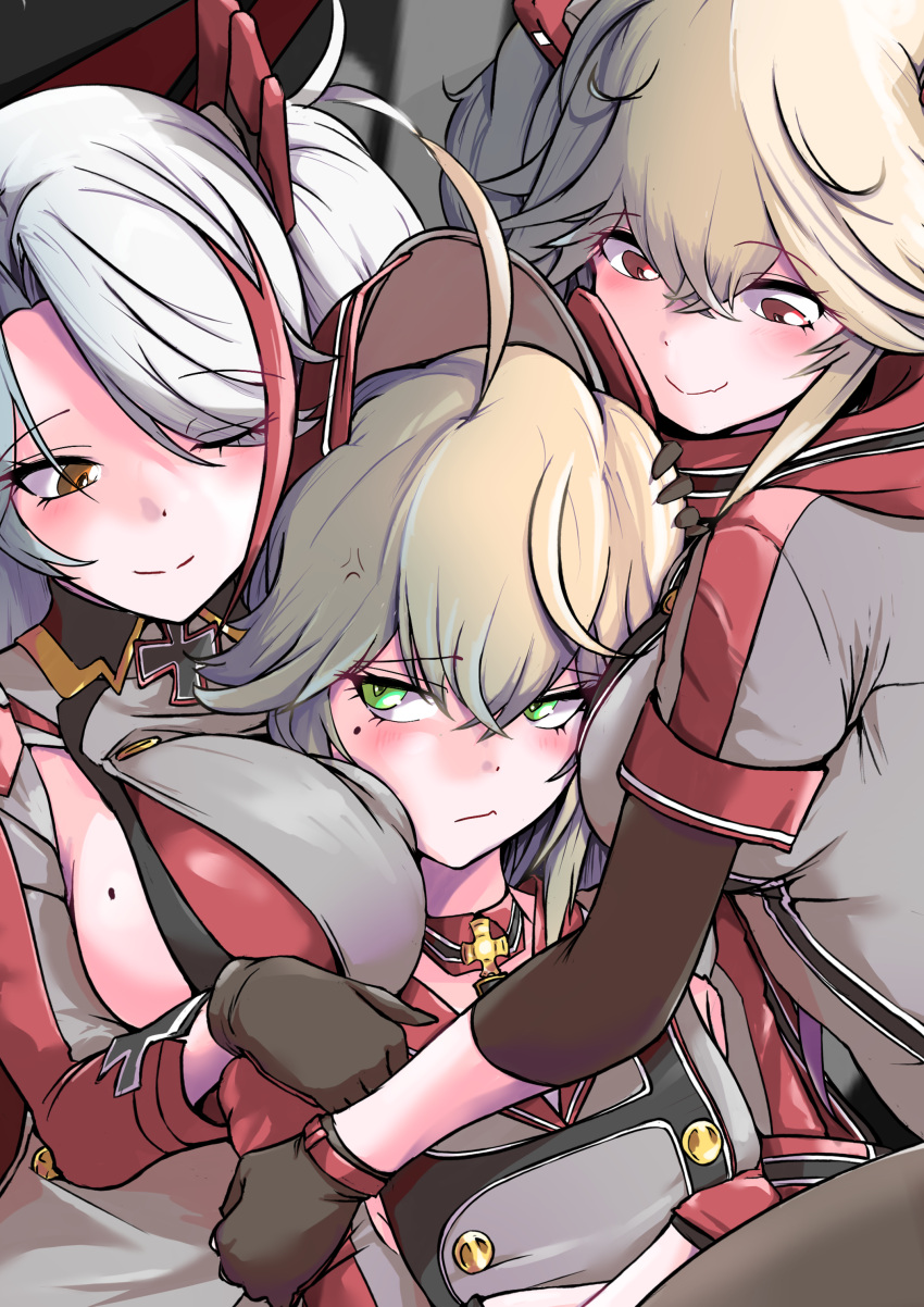 3girls absurdres admiral_hipper_(azur_lane) ahoge anger_vein azur_lane black_gloves blonde_hair bluecher_(azur_lane) blush breast_envy breasts buttons double-breasted eyes_visible_through_hair gloves green_eyes headgear highres large_breasts long_hair long_sleeves mole mole_on_breast mole_under_eye multiple_girls p.i.t.d prinz_eugen_(azur_lane) red_eyes red_hair red_scarf scarf short_sleeves sideboob sideless_shirt twintails upper_body white_hair yellow_eyes