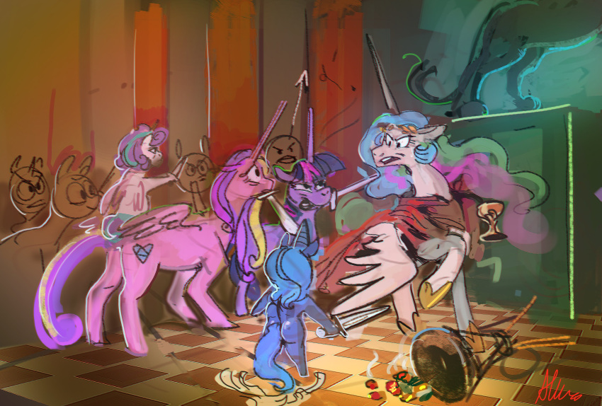 2021 absurd_res alicorn alumx ambiguous_gender ass brazier clothed clothed_feral clothing coal container crowd crown cup dagger detailed_background equid equine female feral flurry_heart_(mlp) friendship_is_magic goblet group hasbro headgear hi_res holding_melee_weapon holding_object holding_sword holding_weapon horn imminent_death inside inspired_by_formal_art mammal melee_weapon my_little_pony mythological_creature mythological_equine mythology princess_cadance_(mlp) princess_celestia_(mlp) princess_luna_(mlp) sculpture signature standing statue sword tiara toga twilight_sparkle_(mlp) unicorn weapon white_body wings