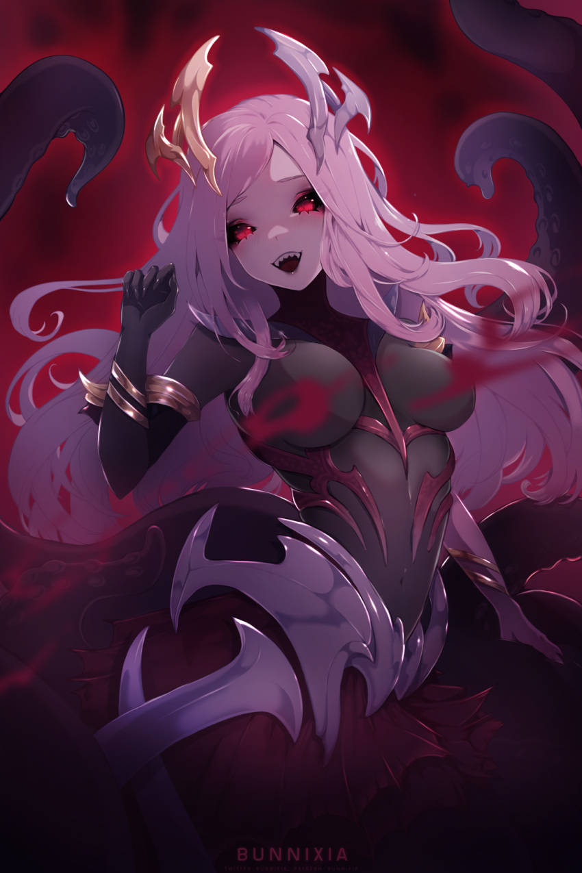 artist_name black_sclera breasts colored_sclera coven_nami female highres league_of_legends long_hair looking_at_viewer medium_breasts monster_girl nami_(league_of_legends) navel open_mouth pink_hair red_eyes ririsaurus scylla sharp_teeth teeth tentacle upper_teeth_only