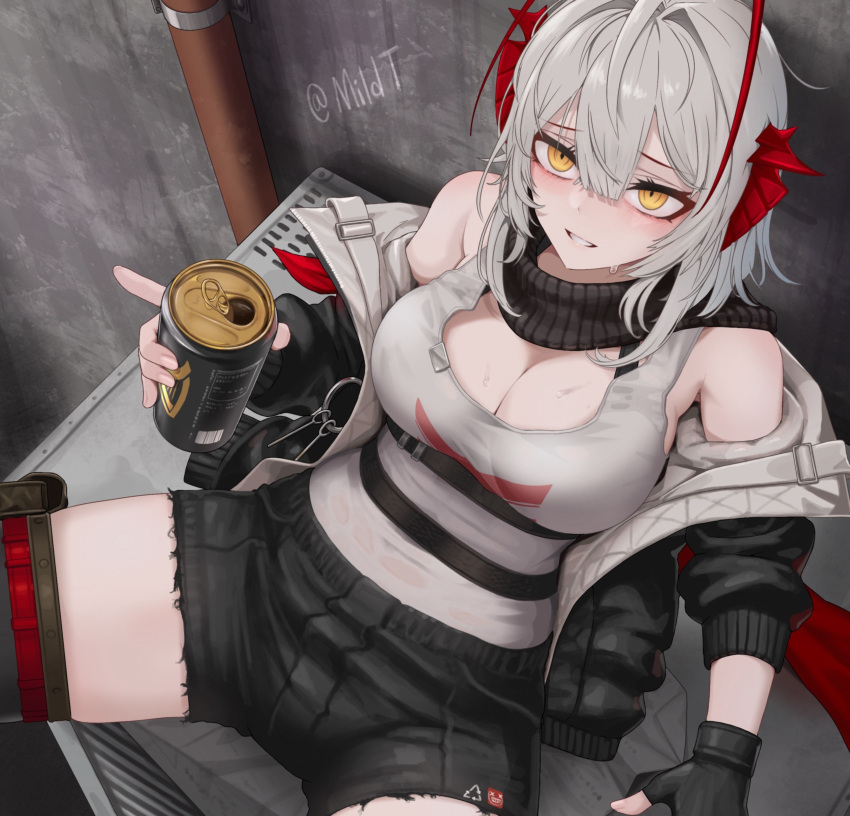 ahoge alcohol arknights bare_shoulders beer beer_can black_gloves black_jacket black_scarf black_shorts blush breasts can cleavage commentary cowboy_shot demon_girl demon_horns drink_can drunk female fingerless_gloves gloves grey_hair guinness_(beer) highres holding horns jacket large_breasts leaning leaning_back long_sleeves looking_at_viewer mildt multicolored_hair official_alternate_costume open_clothes open_jacket red_hair red_horns scarf shirt short_hair short_shorts shorts signature sitting sitting_on_object smile solo spread_legs thighhighs w_(arknights) white_shirt yellow_eyes