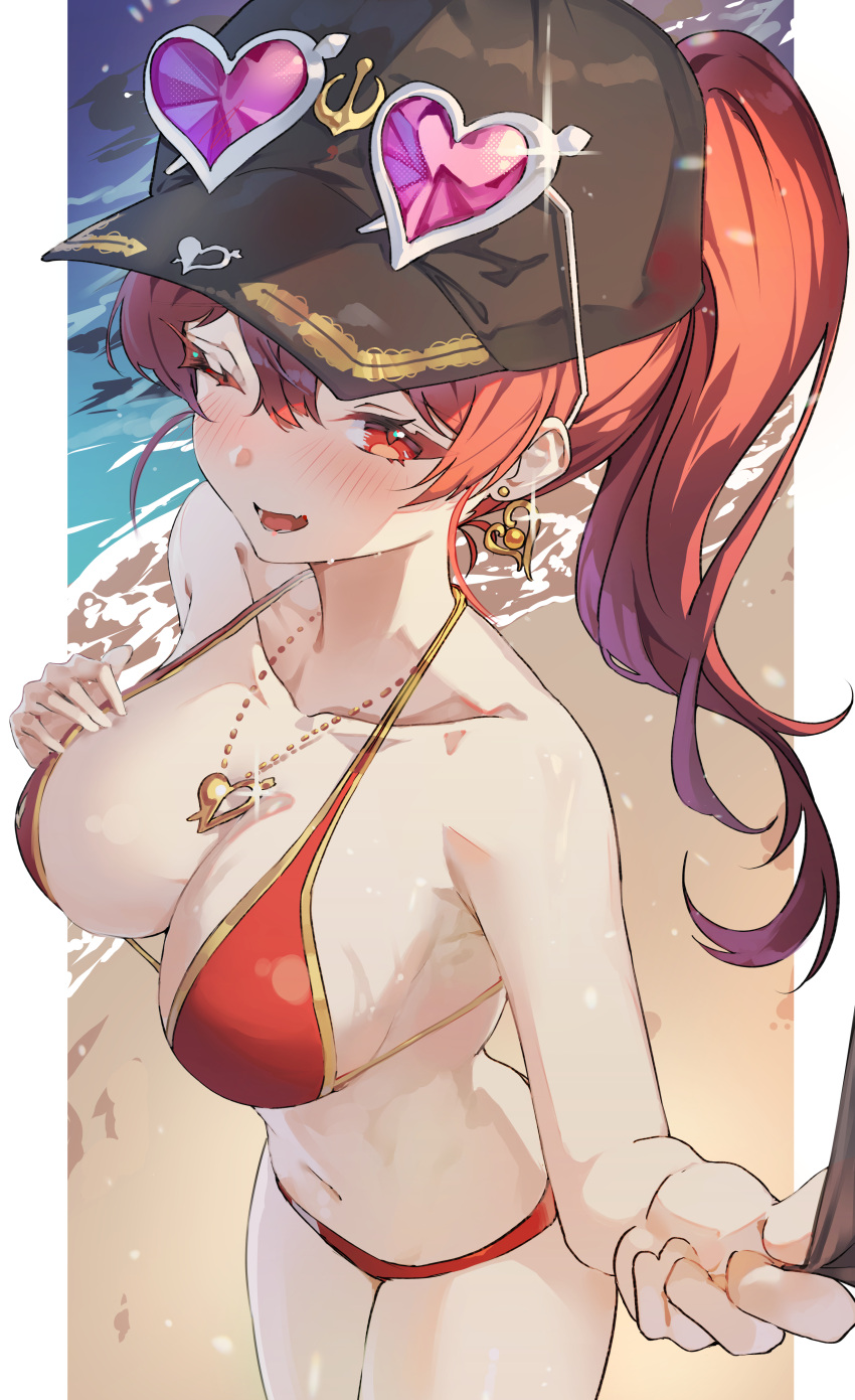 absurdres baseball_cap beach bikini black_headwear blush breasts cleavage earrings eyewear_on_head female gold_earrings gold_necklace halterneck hand_on_own_chest hat heart heart-shaped_eyewear heart_earrings heart_necklace highres hololive houshou_marine houshou_marine_(summer) jewelry large_breasts long_hair looking_at_viewer mont_blanca necklace official_alternate_costume one_eye_closed open_mouth ponytail red_bikini red_eyes red_hair sand single_earring smile sunglasses swimsuit virtual_youtuber water