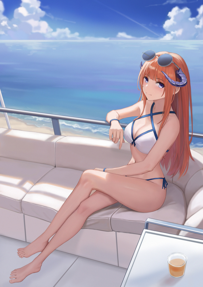 absurdres arknights bagpipe_(arknights) bare_arms bare_legs bare_shoulders barefoot bikini blue_eyes blue_sky breasts cleavage cloud commentary criss-cross_halter day eyewear_on_head feet female gaai halterneck highres horns large_breasts navel ocean orange_hair round_eyewear sitting sky solo stomach sunglasses swimsuit thighs toes water white_bikini