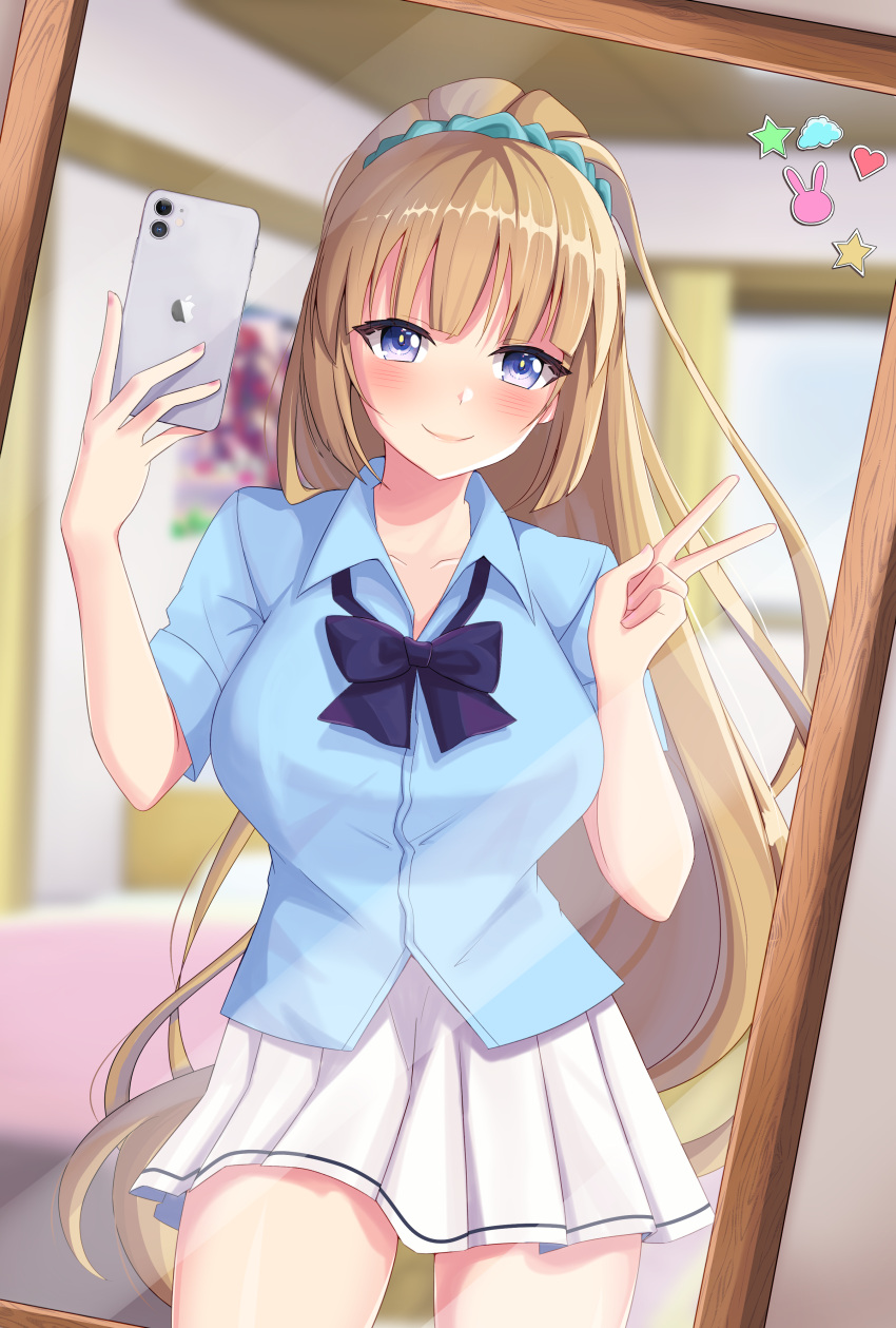 absurdres advanced_nurturing_high_school_uniform black_bow black_bowtie blonde_hair blue_eyes blue_shirt blurry blurry_background blush bow bowtie breasts collared_shirt cowboy_shot female gyaru heart highres holding holding_phone karuizawa_kei kogal long_hair mirror miwapeito phone pleated_skirt school_uniform selfie shirt skirt solo star_(symbol) thighs v white_skirt youkoso_jitsuryoku_shijou_shugi_no_kyoushitsu_e