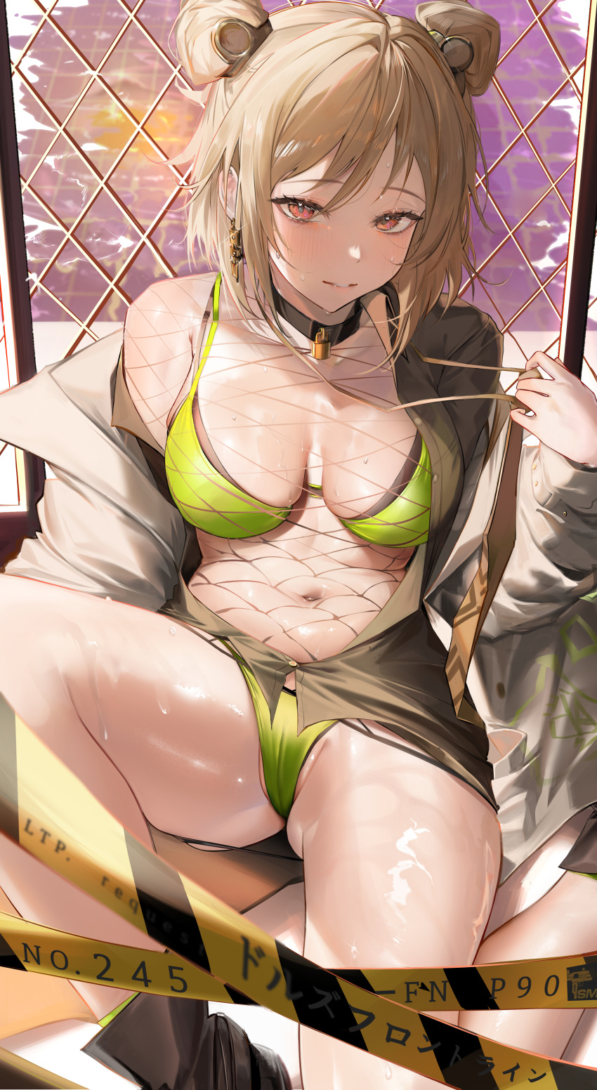 absurdres bikini bodysuit breasts brown_coat brown_necktie cameltoe caution_tape choker coat commission double_bun earrings female fishnet_bodysuit fishnet_dress fishnets girls'_frontline green_bikini grey_coat hair_bun highres jacket jewelry leg_up light_brown_hair lock mookie_(e_mook9) necktie off_shoulder official_alternate_costume open_clothes open_coat open_jacket open_shirt p90_(girls'_frontline) p90_(the_girl_from_b.e.l)_(girls'_frontline) padlock padlocked_collar pixiv_commission removing_necktie sitting swimsuit swimsuit_under_clothes