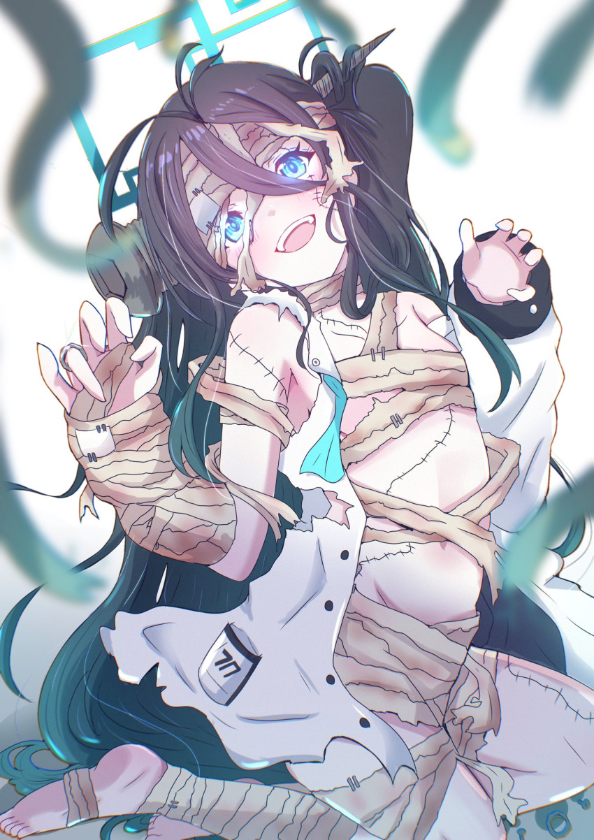 absurdly_long_hair aris_(blue_archive) bandaged_arm bandaged_head bandaged_leg bandages black_hair blue_archive blue_eyes breasts commentary female giorgio_(yo_sumire_sola1) glowing glowing_eyes hair_between_eyes halo hands_up highres jacket jewelry kneeling long_hair long_hair_between_eyes looking_at_viewer messy_hair naked_bandage object_through_head ring scar scar_on_chest scar_on_face scar_on_leg scar_on_stomach screw_in_head single_sleeve small_breasts solo sparkle torn_clothes very_long_hair white_background white_jacket