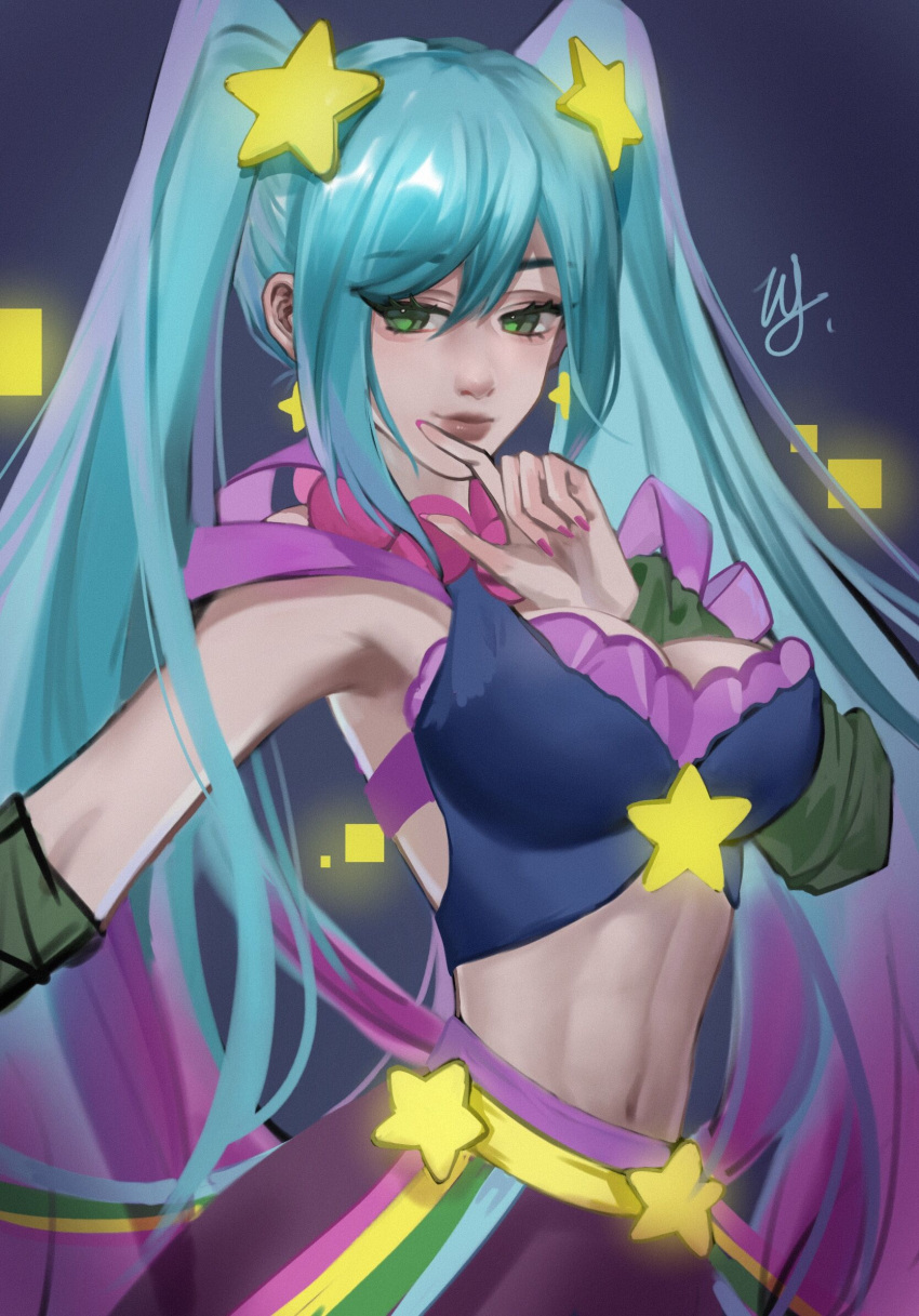 arcade_sona armpits belt blue_hair breasts cleavage crop_top detached_sleeves female green_hair hair_between_eyes hair_ornament hand_up highres large_breasts league_of_legends long_hair navel signature smile solo sona_(league_of_legends) star_(symbol) star_hair_ornament stomach twintails upper_body wu_wai_ma_qi_duo