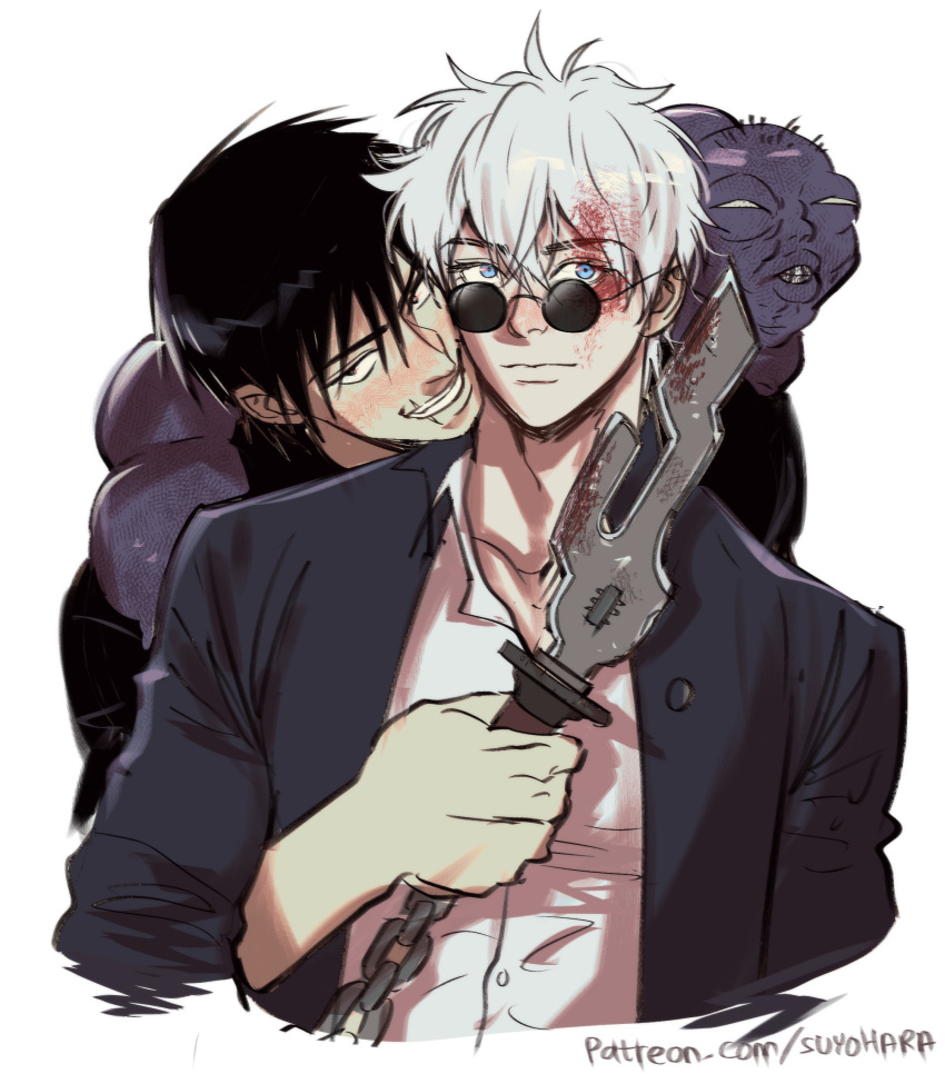 2boys bara black_hair black_shirt blood blood_on_face blood_on_weapon blue_eyes chains closed_mouth english_commentary fushiguro_touji gojou_satoru grin highres holding inverted_spear_of_heaven_(jujutsu_kaisen) jacket jujutsu_kaisen jujutsu_tech_uniform looking_at_viewer male_focus mature_male monster multiple_boys muscular muscular_male patreon_username pectorals scar scar_on_face scar_on_mouth school_uniform shirt short_hair simple_background smile sunglasses suyohara sword teeth weapon white_background white_hair yaoi