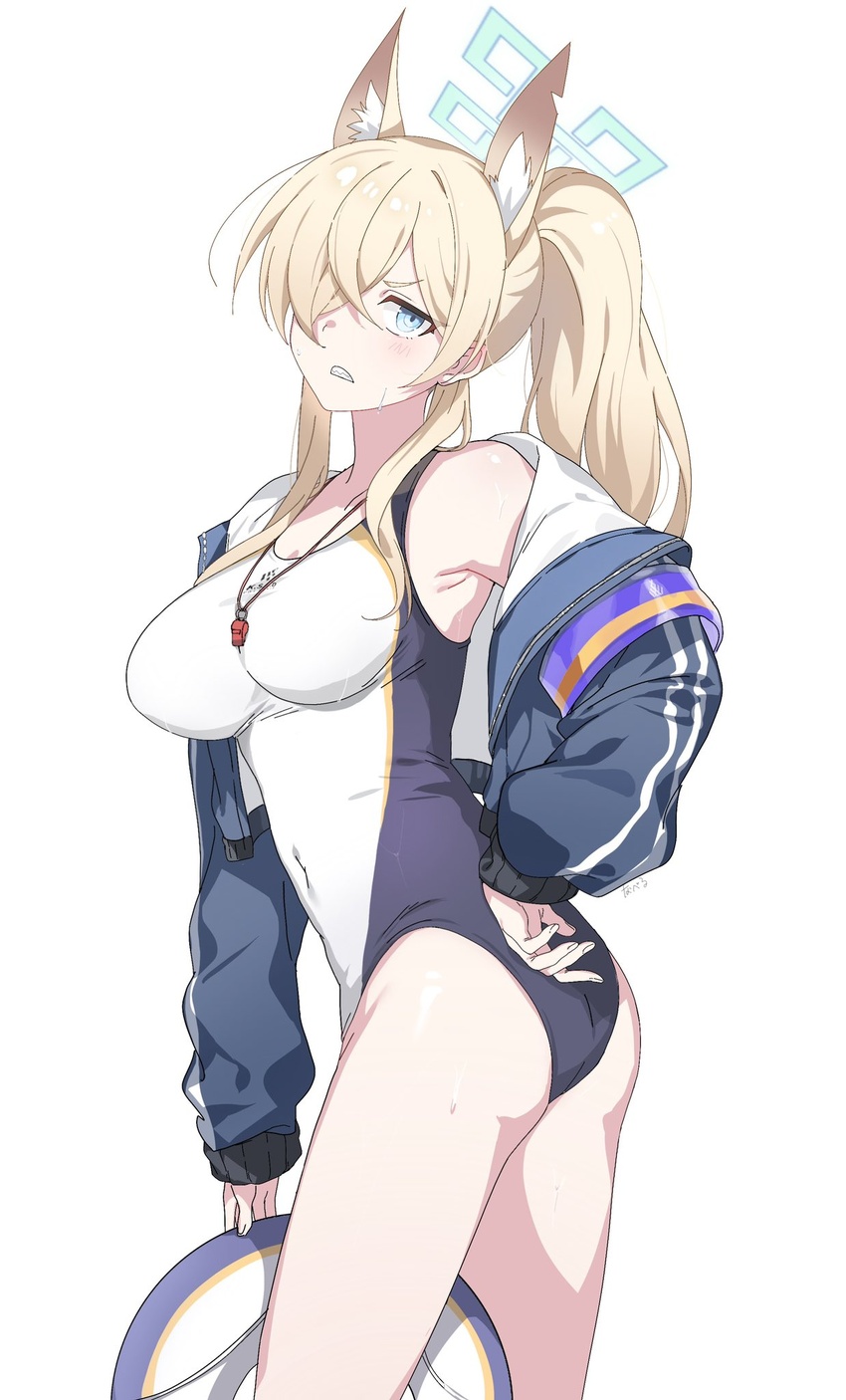 animal_ear_fluff animal_ears ass black_jacket blonde_hair blue_archive blue_eyes blush breasts clenched_teeth competition_swimsuit female green_halo hair_over_one_eye halo highres jacket kanna_(blue_archive) kanna_(swimsuit)_(blue_archive) large_breasts lifebuoy long_hair long_sleeves official_alternate_costume one-piece_swimsuit open_clothes open_jacket simple_background solo swim_ring swimsuit teeth whistle whistle_around_neck white_background white_one-piece_swimsuit youguo_naberu