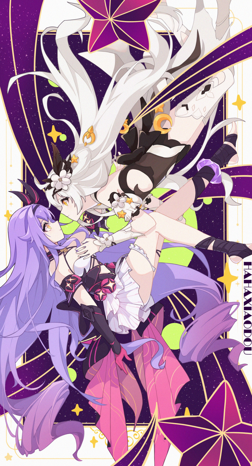 2girls absurdres antenna_hair artist_name bare_shoulders barefoot black_footwear black_gloves boots breasts chinese_commentary closed_mouth crescent_moon dress dual_persona elbow_gloves english_text eye_contact floating flower full_body gloves hahaxiaodou hair_between_eyes hair_flower hair_ornament highres holding_hands honkai_(series) honkai_impact_3rd horns kiana_kaslana kiana_kaslana_(herrscher_of_the_void) long_hair looking_at_another moon multiple_girls purple_hair sirin sirin_(miracle_magical_girl) sleeveless sleeveless_dress smile star_(symbol) symbol-shaped_pupils thigh_boots thighhighs very_long_hair white_dress white_flower white_gloves white_hair yellow_eyes yuri