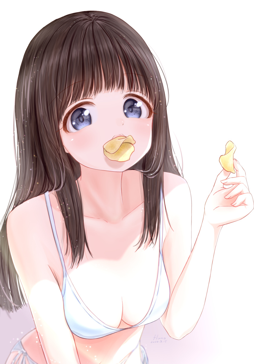 absurdres akebi-chan_no_serafuku akebi_komichi artist_name bikini black_hair blue_eyes breasts chips_(food) cleavage collarbone commentary dated female fluno food food_in_mouth highres holding holding_food long_hair looking_at_viewer medium_breasts pringle_duck side-tie_bikini_bottom simple_background solo swimsuit white_bikini