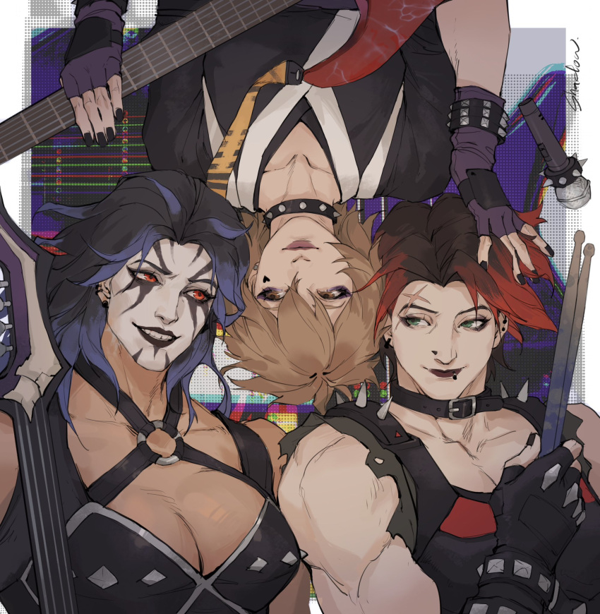 3girls black_hair black_metal_junker_queen breasts choker cleavage collar corpse_paint drumsticks electric_guitar facepaint fingerless_gloves gloves guitar heavy_metal highres industrial_zarya instrument junker_queen_(overwatch) kiriko_(overwatch) microphone multicolored_hair multiple_girls official_alternate_costume overwatch overwatch_2 shadowyahaha smile spiked_collar spikes streaked_hair torn_clothes visual_kei visual_kei_kiriko zarya_(overwatch)